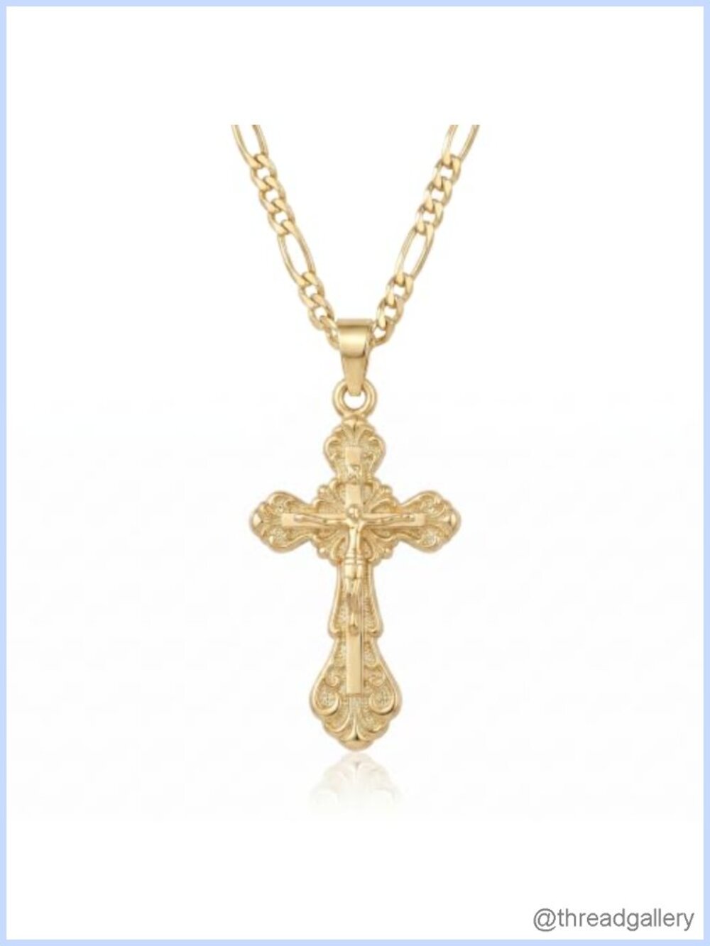 14K Gold Plated Cross Necklace Figaro Chain Crucifix Pendant Catholic